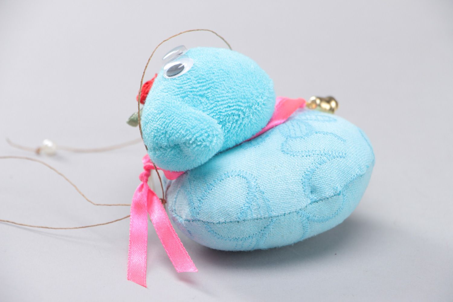 Homemade soft toy sheep of blue color with eyelet for children photo 3