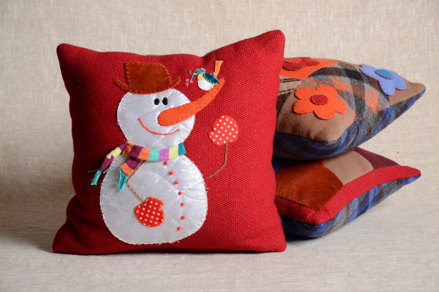 Handmade decorative red soft cushion with Christmas applique with snowman photo 1