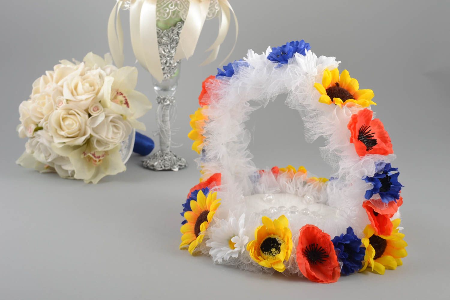 Unusual bright handmade designer wedding ring pillow with flowers photo 1