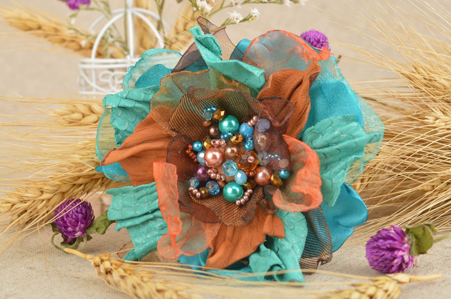 Handmade Haarspange Blume große Brosche Damen Modeschmuck Meeresrose aus Leder foto 1