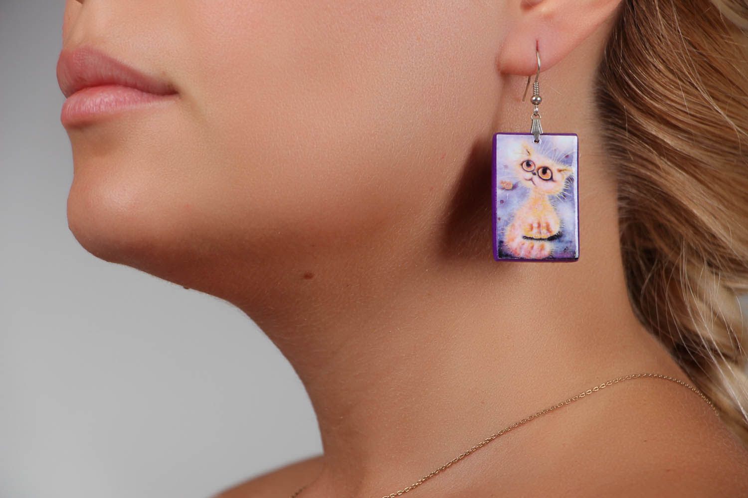 Polymer clay earrings with the image of a kitten photo 5