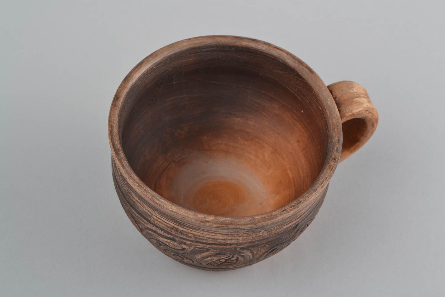 Natural large glazed clay cup with handle in brown color with pattern 0,57 lb photo 5