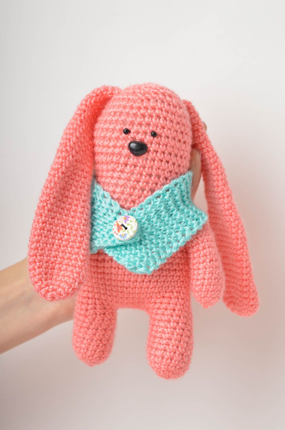Peluche lapin Jouet tricoté fait main rose original Cadeau pour enfant photo 5
