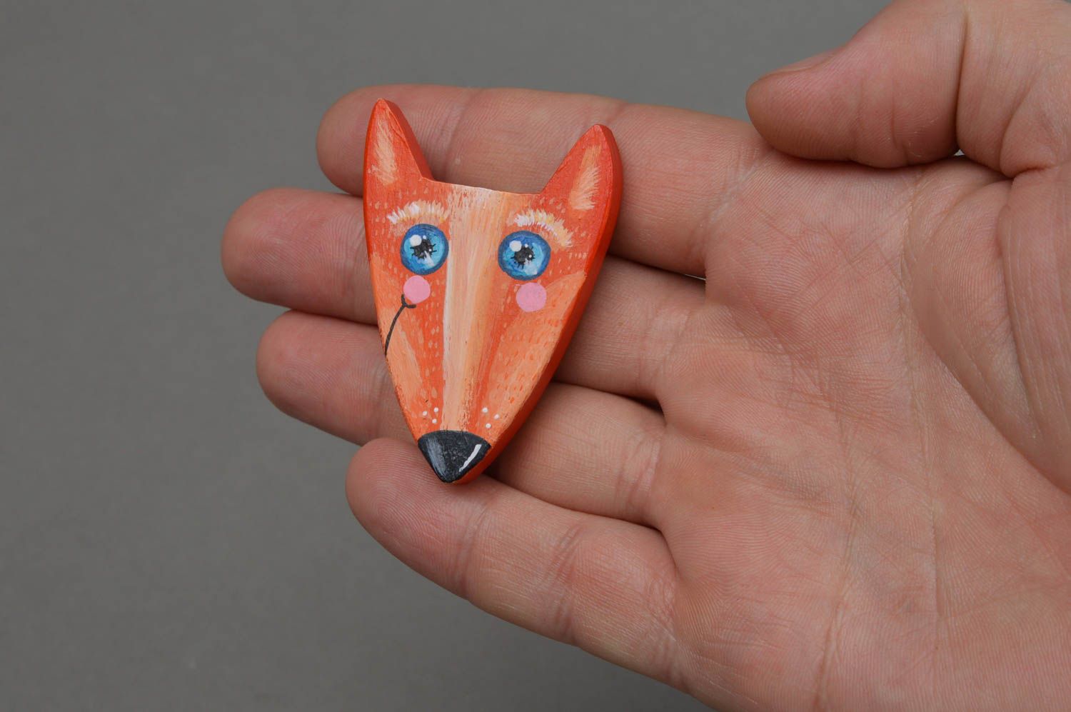 Beautiful painted orange handmade designer wooden brooch in the shape of fox photo 4
