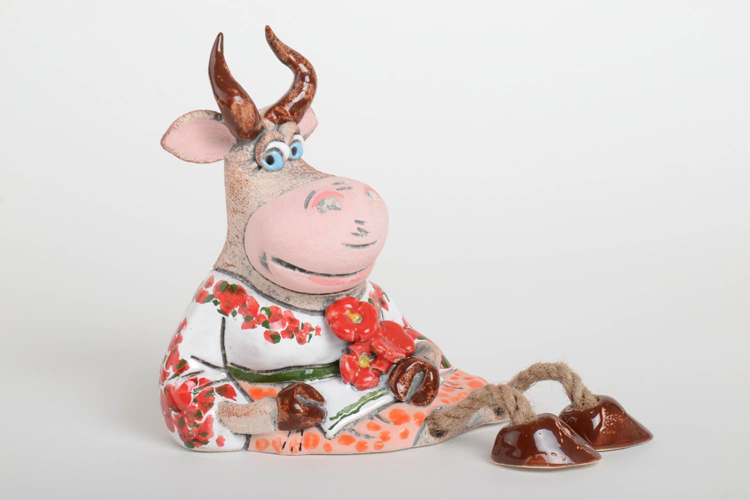 Keramik Spardose handmade Haus Deko Geschenk für Kind originell Ochse mit Blumen foto 2