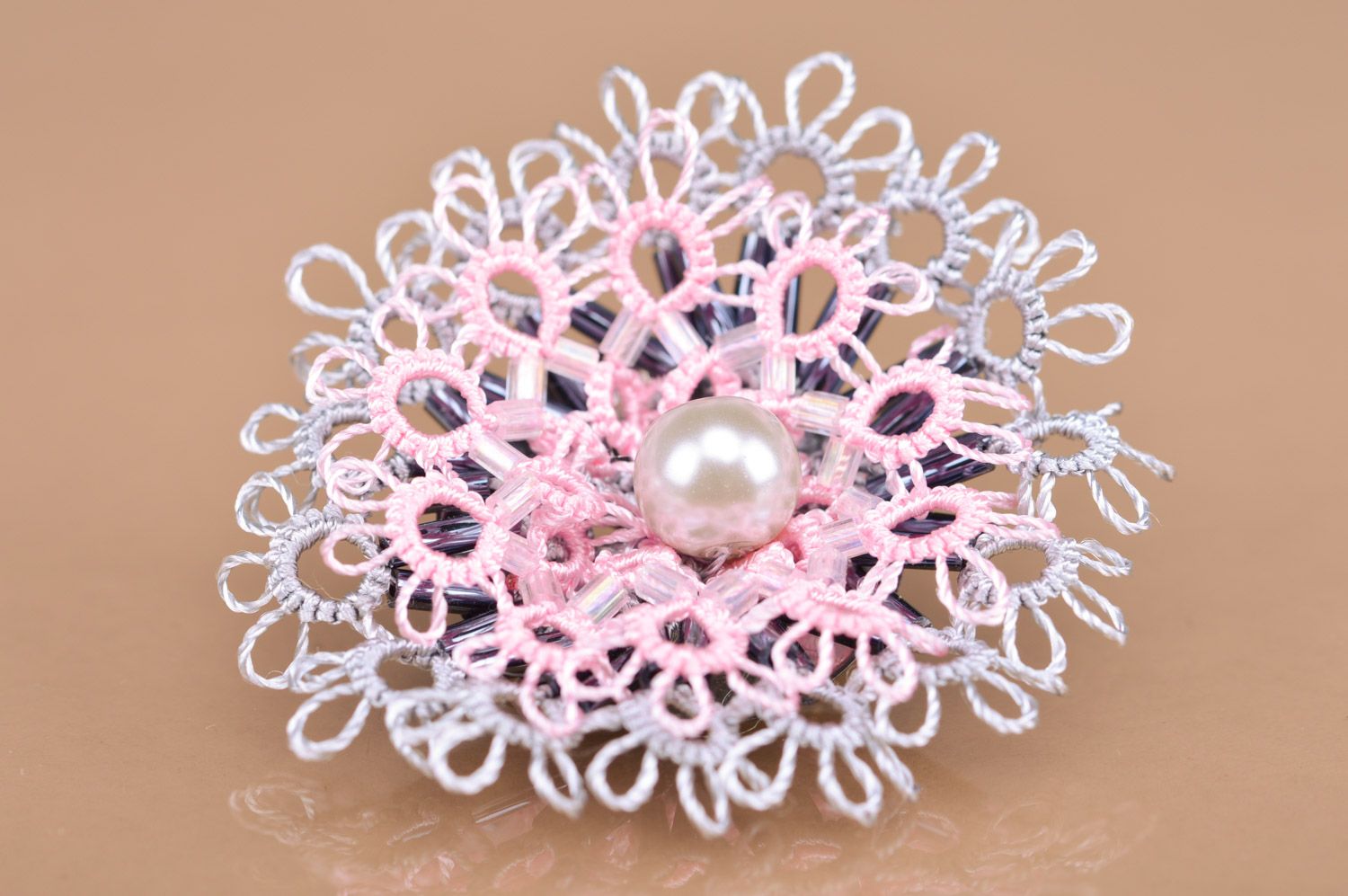 Handmade textile woven tatting flower brooch of gray and pink colors photo 3