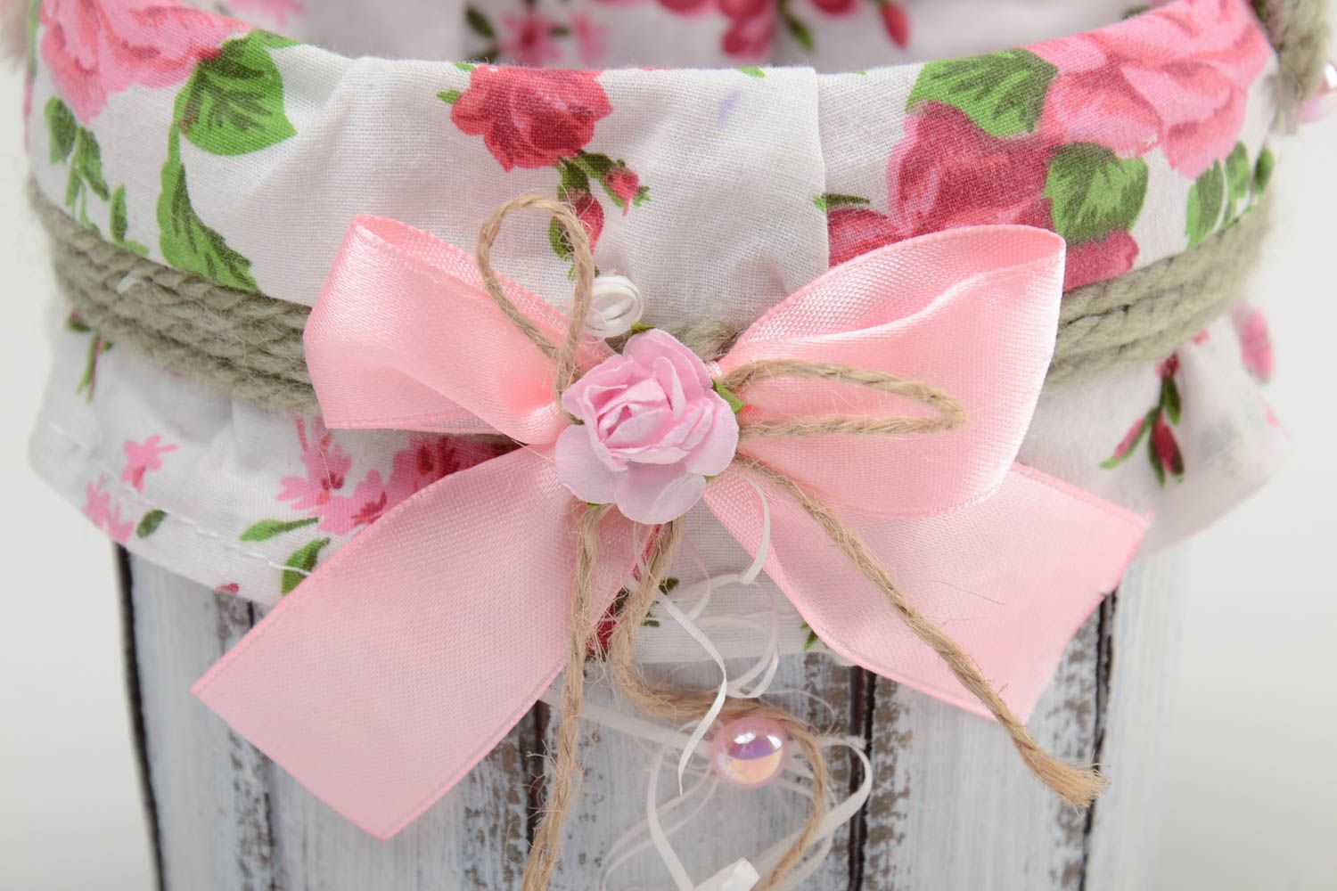 Petit seau décoratif en carton avec noeud en ruban et fleur fait main   photo 3