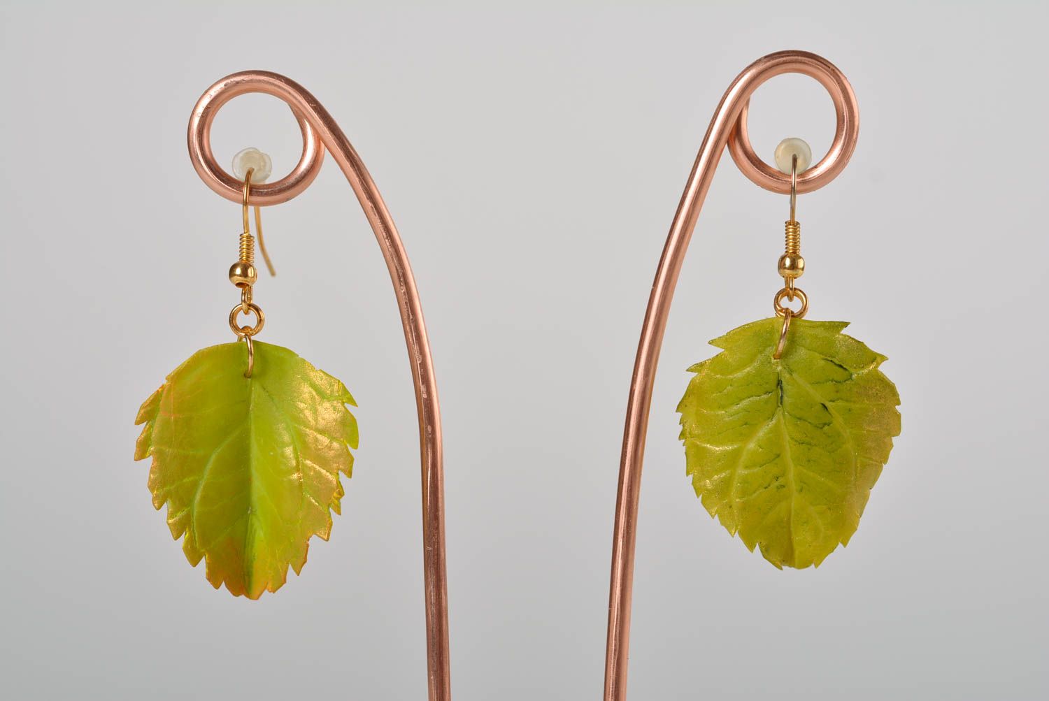 Beautiful green handmade designer polymer clay earrings Leaves photo 1