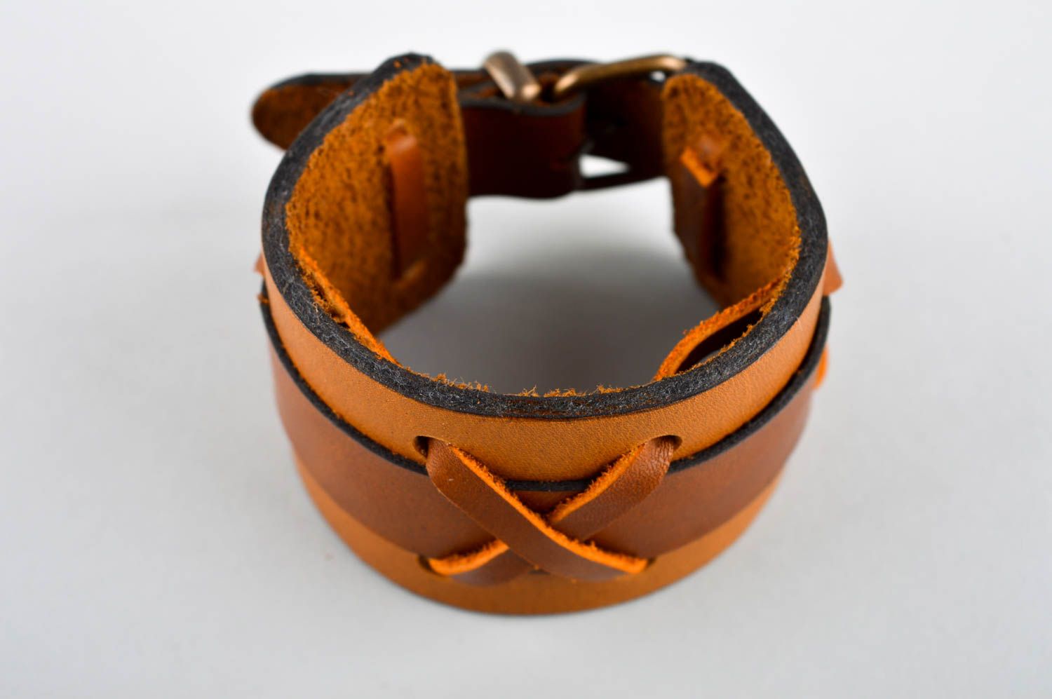 Handmade beautiful bracelet unusual leather bracelet stylish wide accessory photo 2
