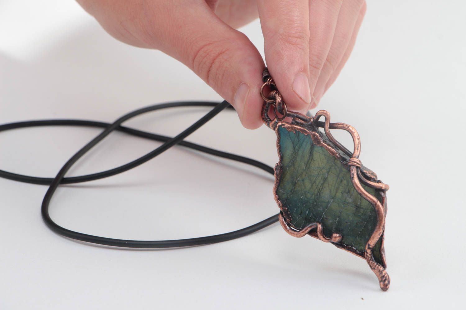 Unusual handmade copper pendant with natural stones on rubber cord photo 5