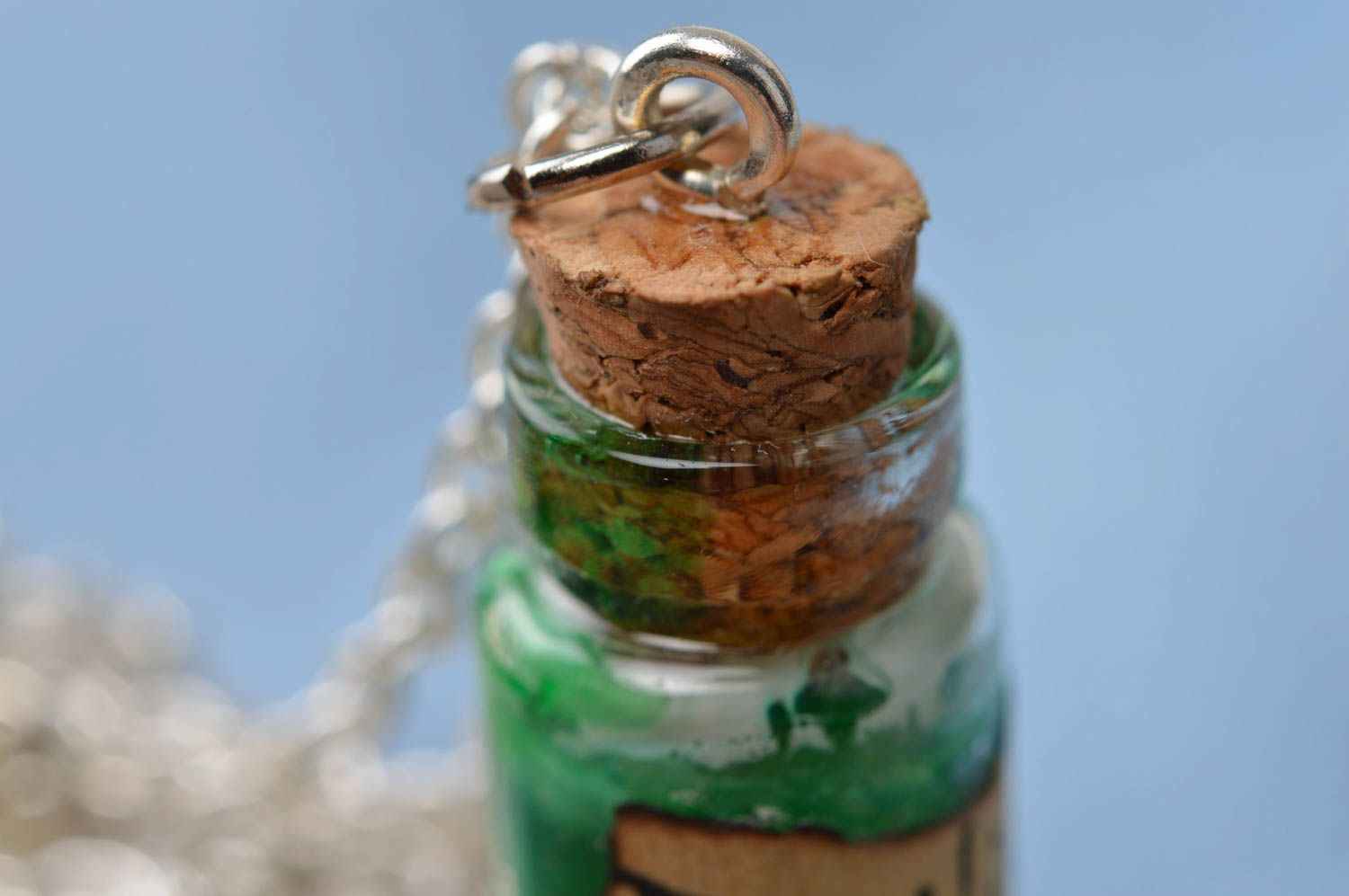 Handmade beautiful green pendant in shape of glass jar with epoxy resin photo 5