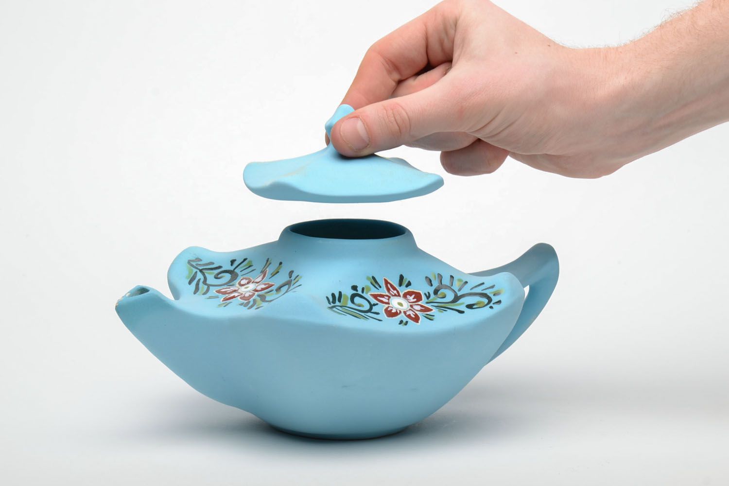 Керамический чайник ручной работы голубой  фото 5