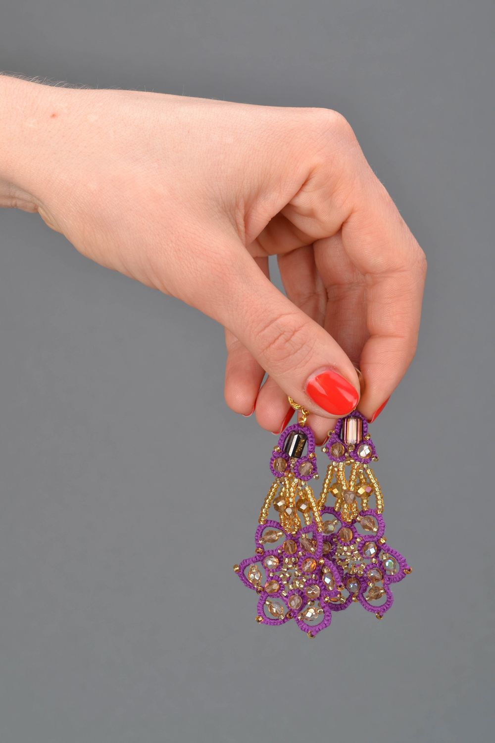 Crochet tatting earrings with beads  photo 2
