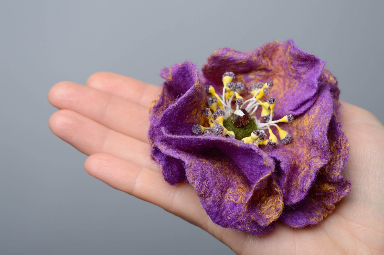 Silk and wool brooch hairpin with beads Lilac Flower photo 4