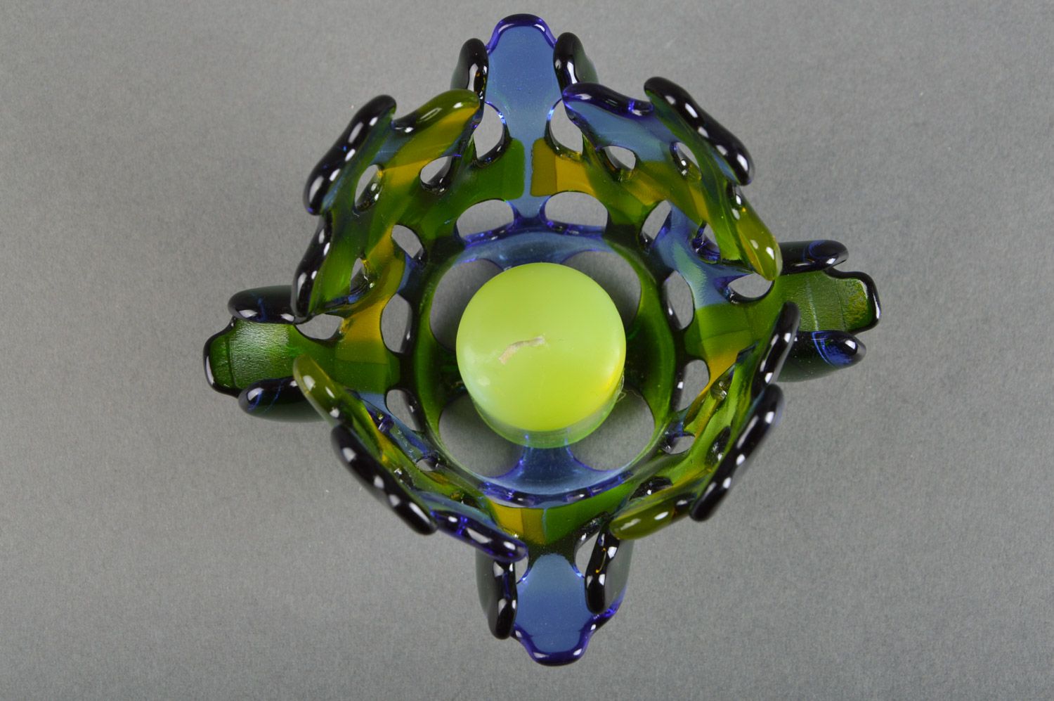 Handmade decorative fancy fused glass candle holder in blue and green colors photo 2