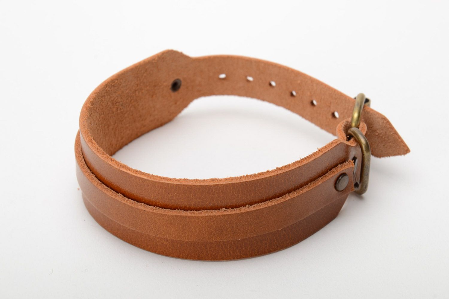 Handmade genuine leather wrist bracelet of brown color with buckle unisex photo 3
