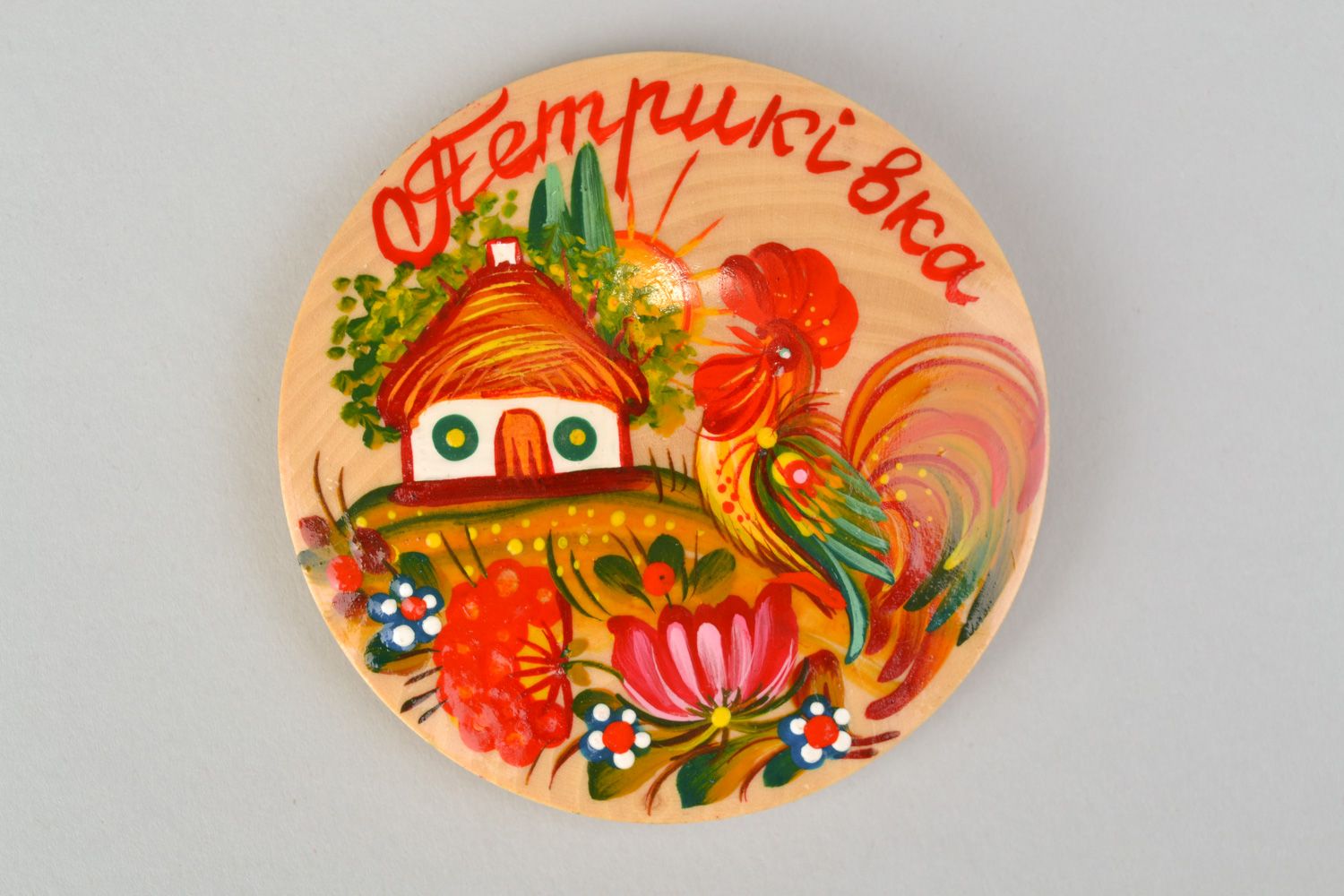 Handmade decorative round fridge magnet with traditional Petrikivka painting photo 5