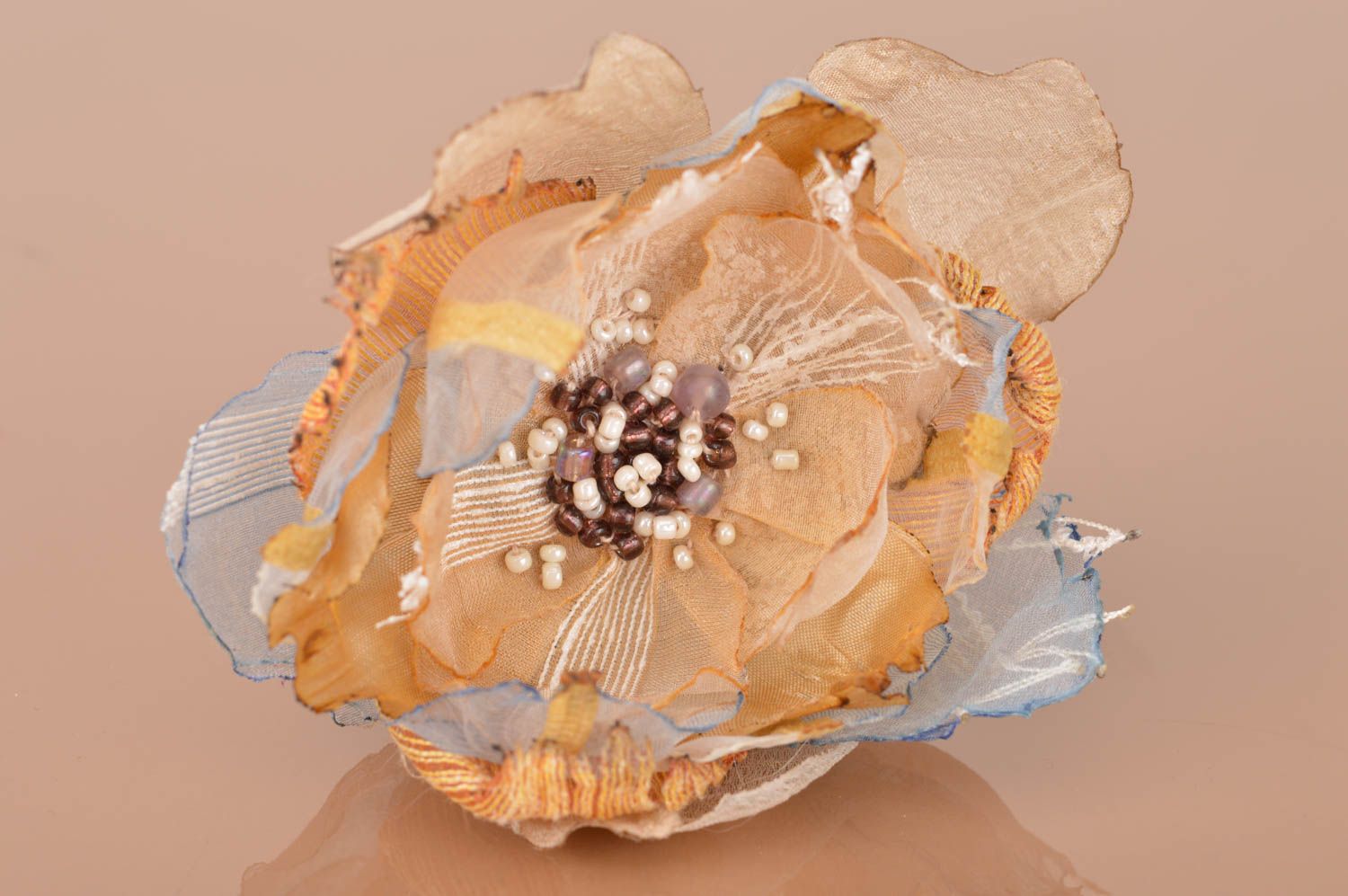 Handmade designer brooch with tender volume fabric flower in beige color palette photo 2
