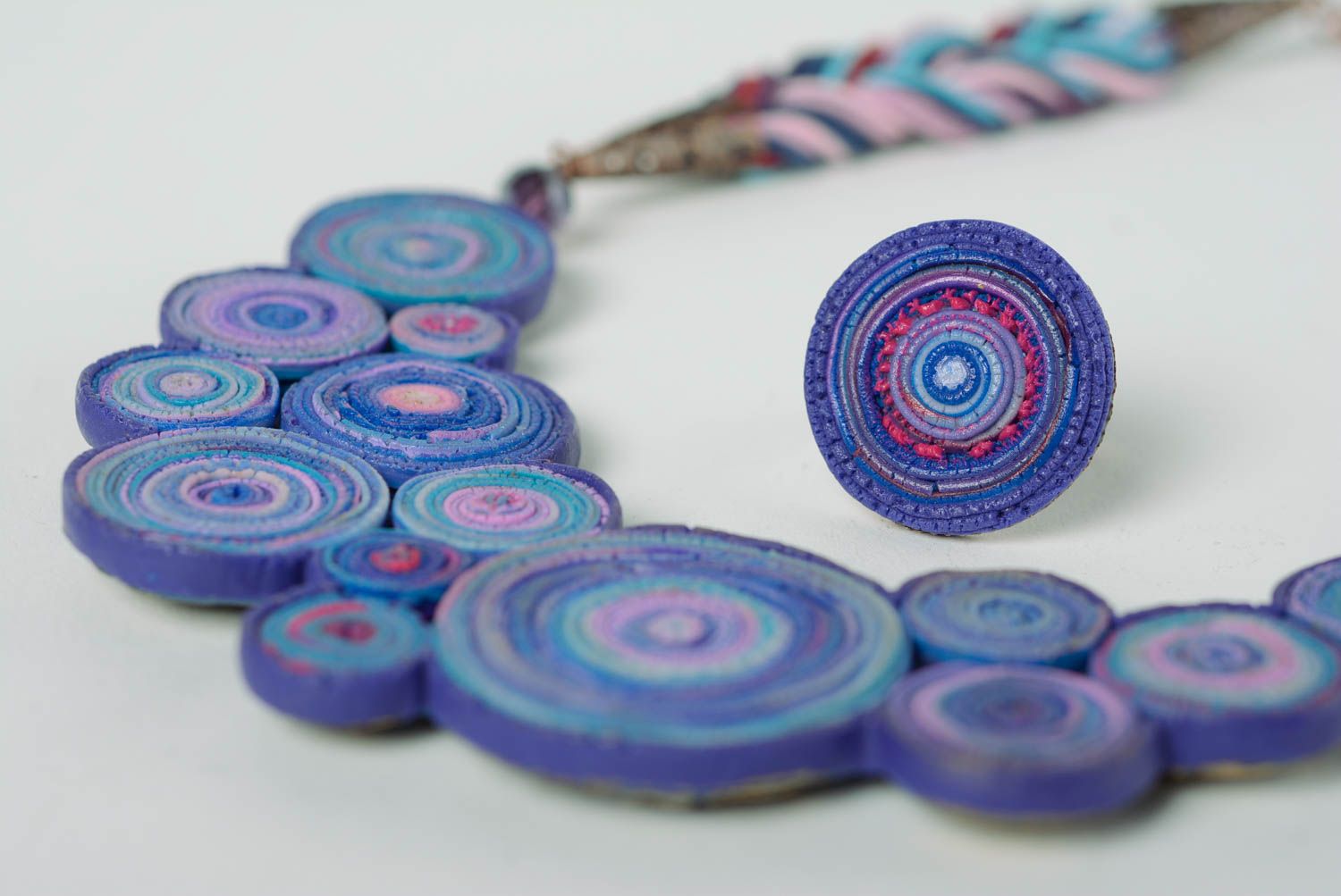 Set of handmade jewelry made of polymer clay necklace and ring 2 pieces in blue photo 2