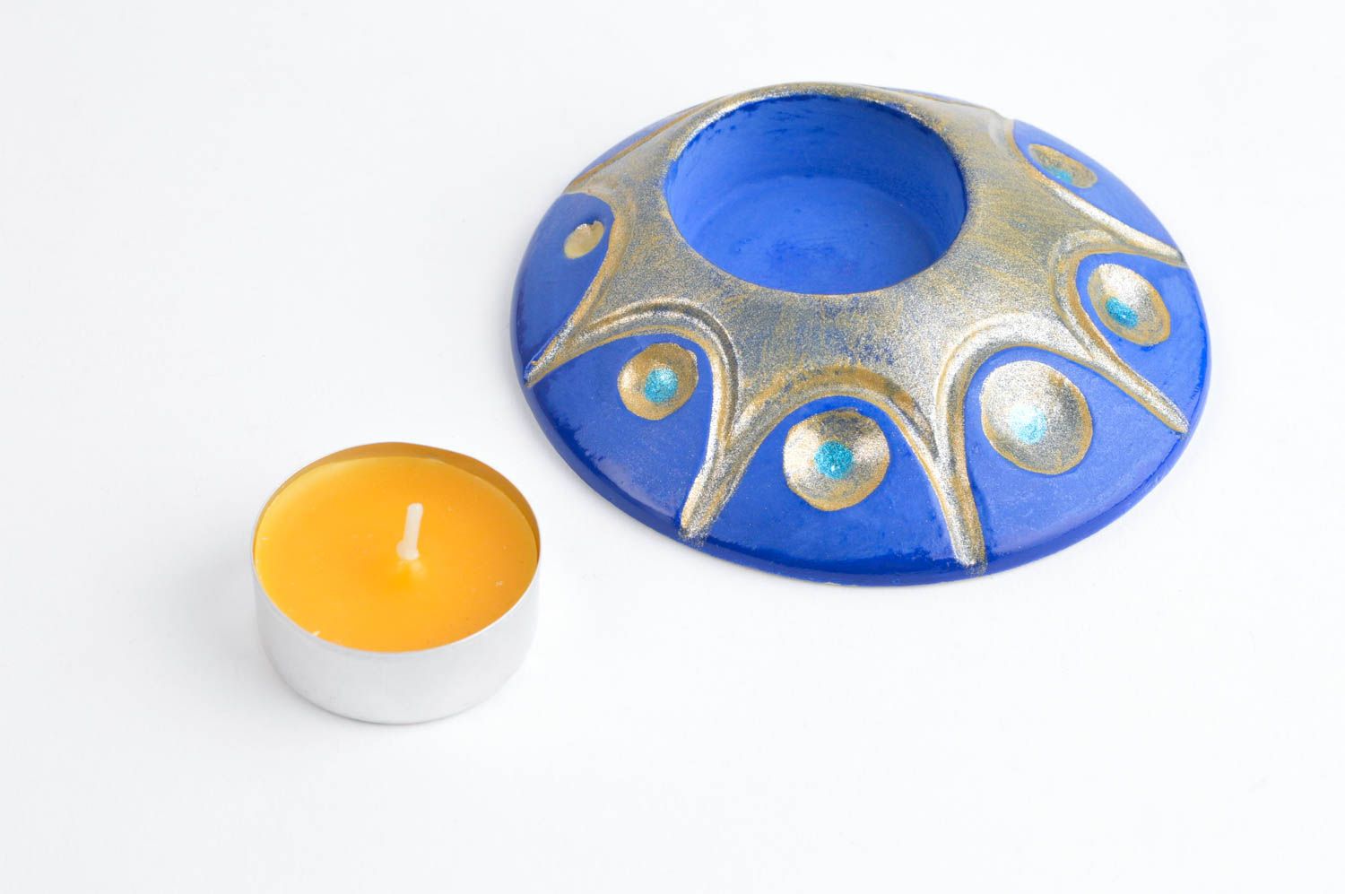 Ceramic hand-painted flat one tea light candle holder for home décor 0,79 inches photo 2