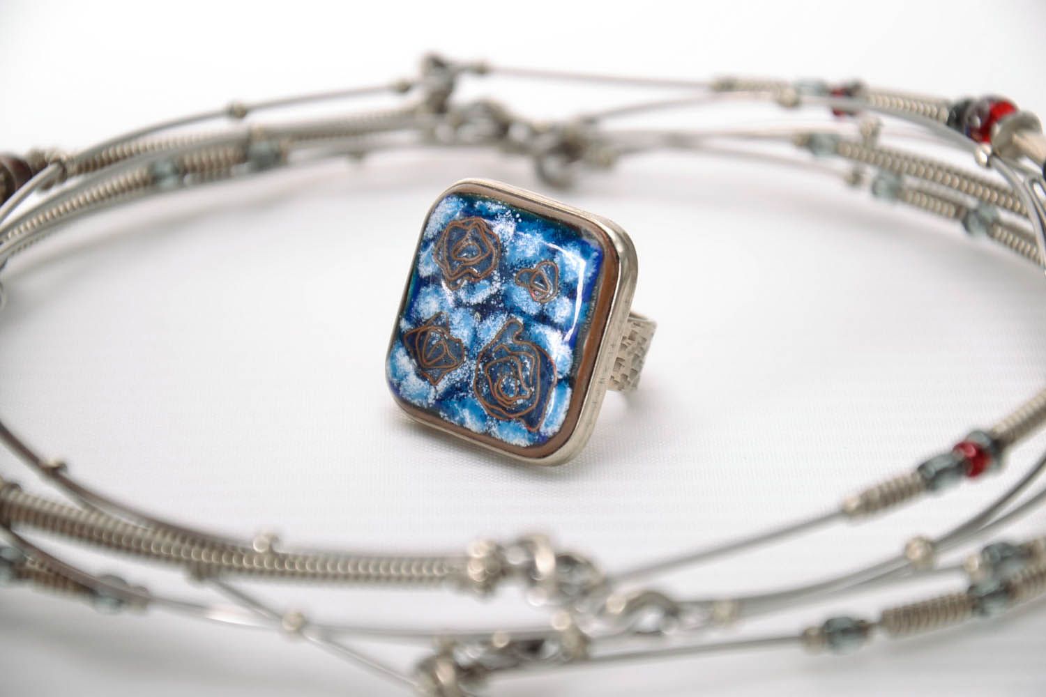 Ring Made of Copper Blue Flowers photo 1