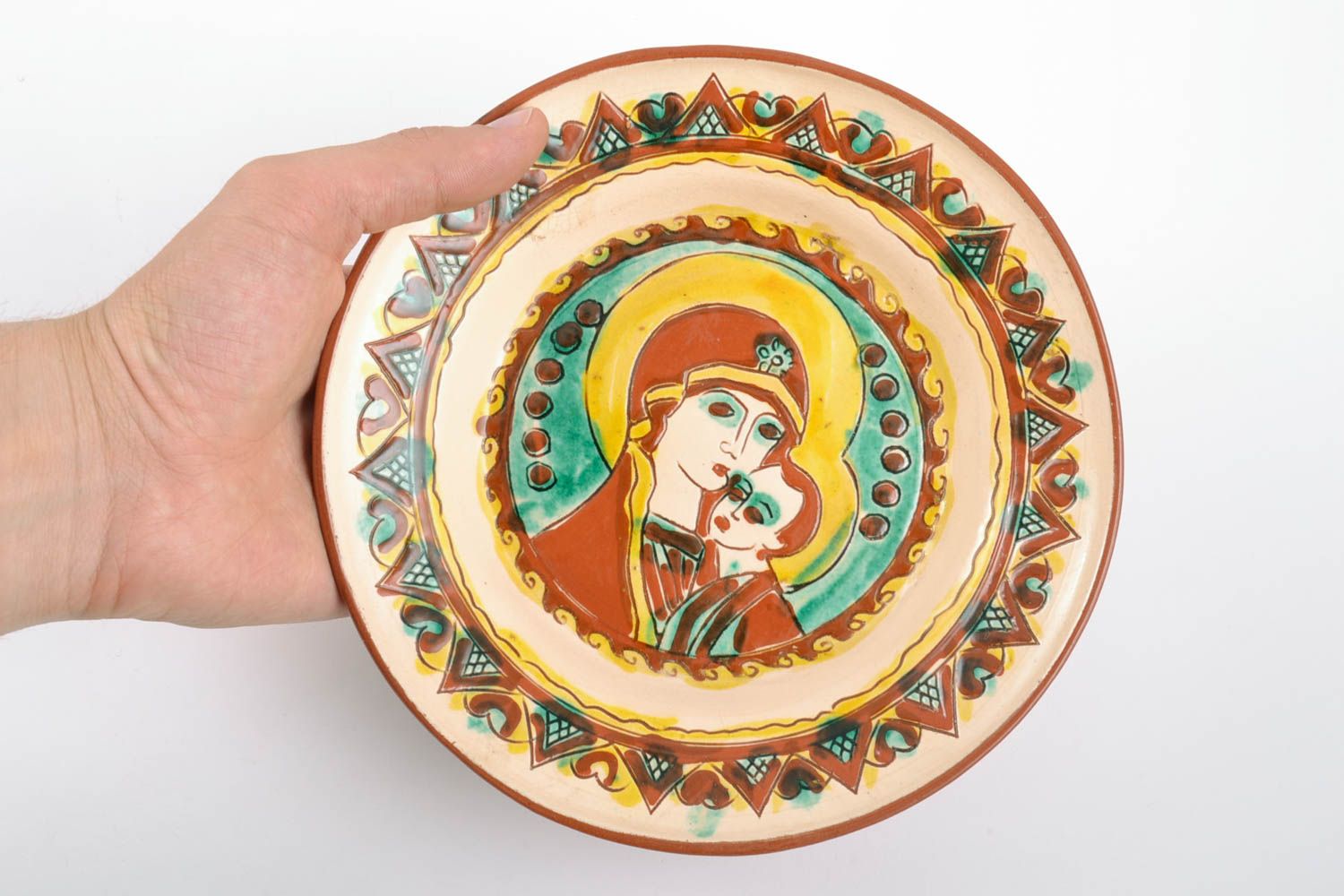 Beautiful handmade ceramic plate with painting Mother of God and little Jesus photo 2