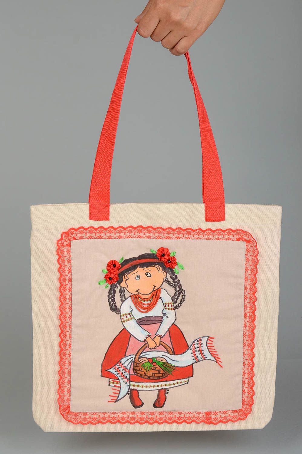 Handmade fabric bag with painting elegant large bag textile shoulder bag photo 5