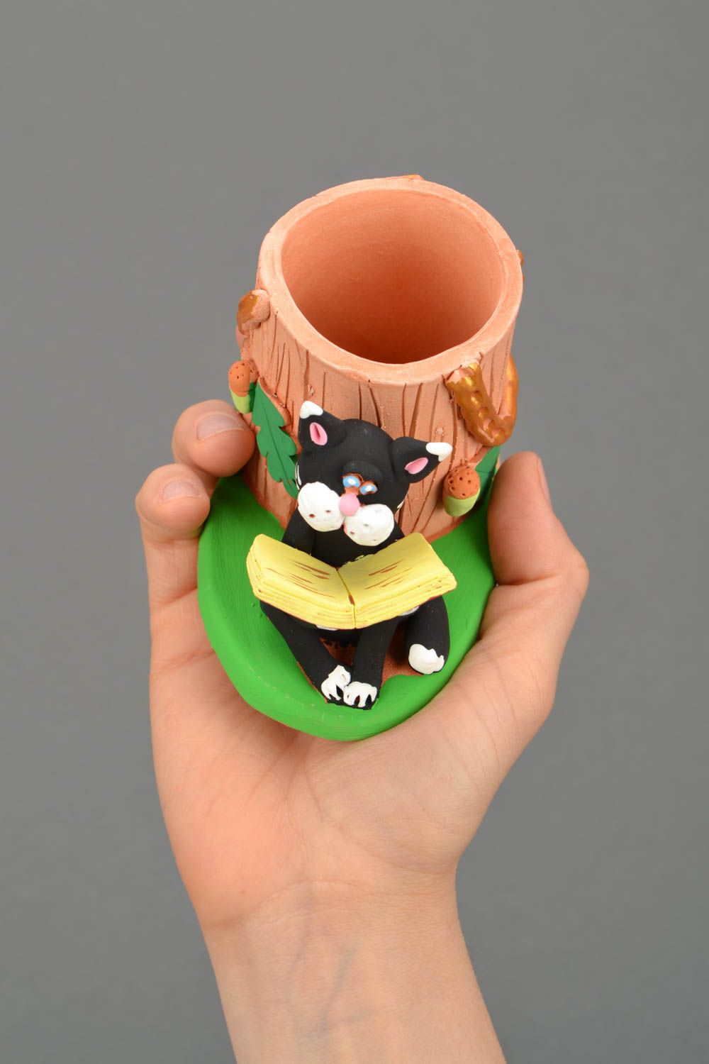 Porte-crayon en céramique fait main avec chat photo 2