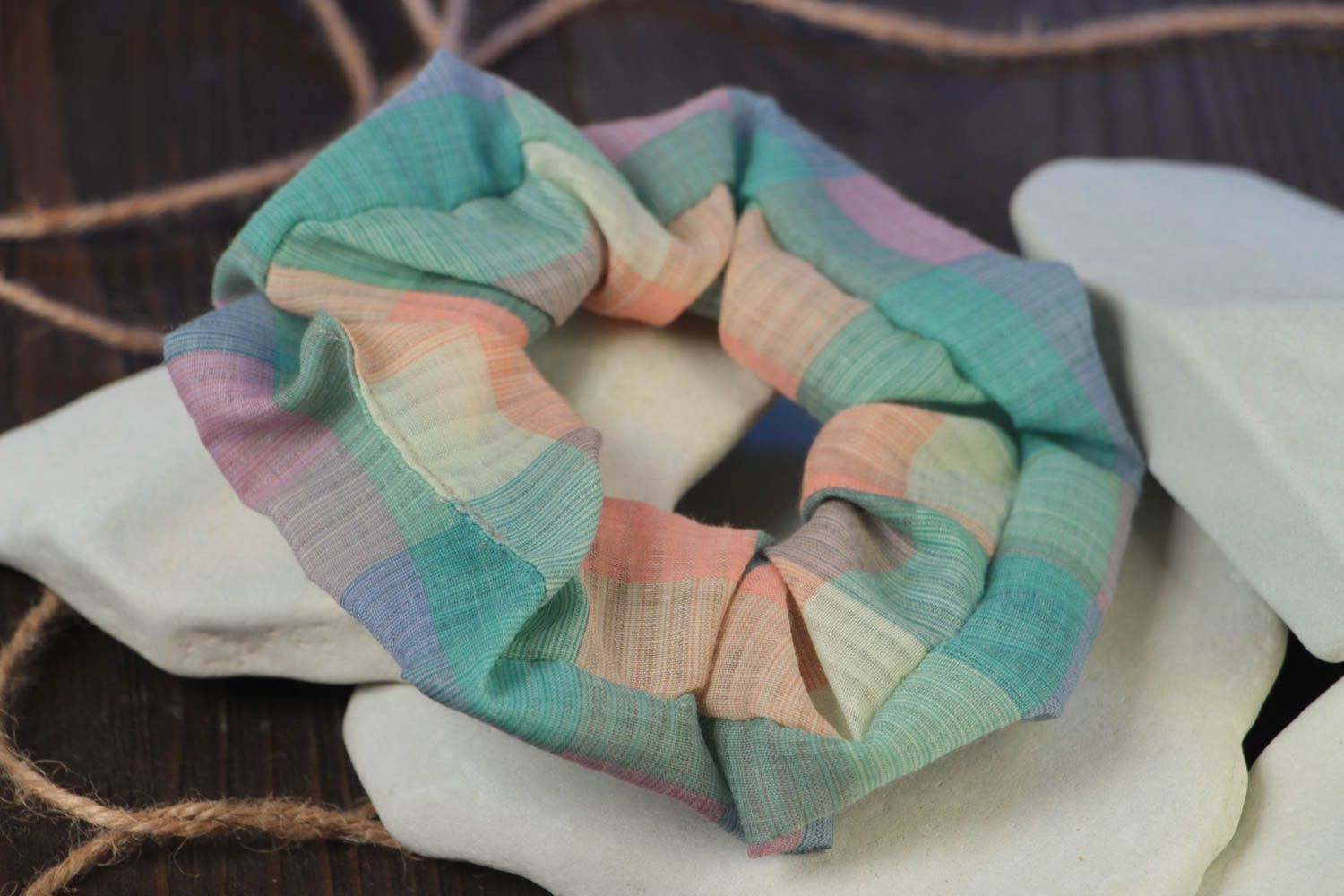Handmade volume decorative hair tie sewn of fabric of pastel color shades photo 1