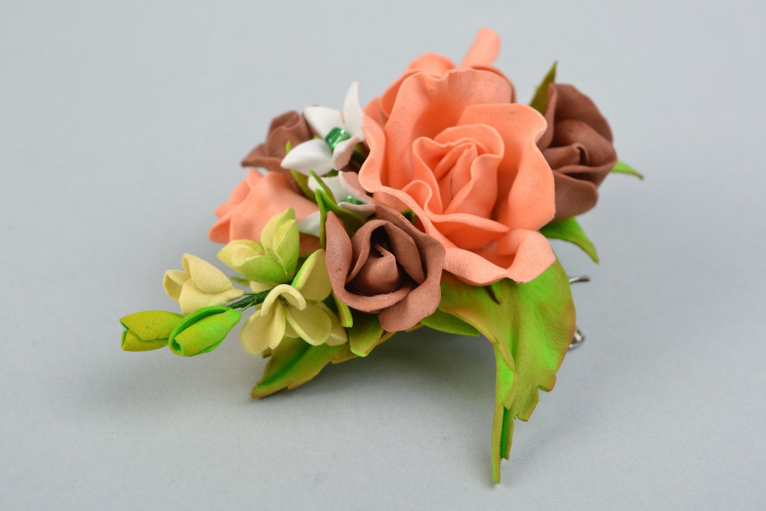 Handmade flower wedding boutonniere hair clip brooch with coral foamiran roses photo 5