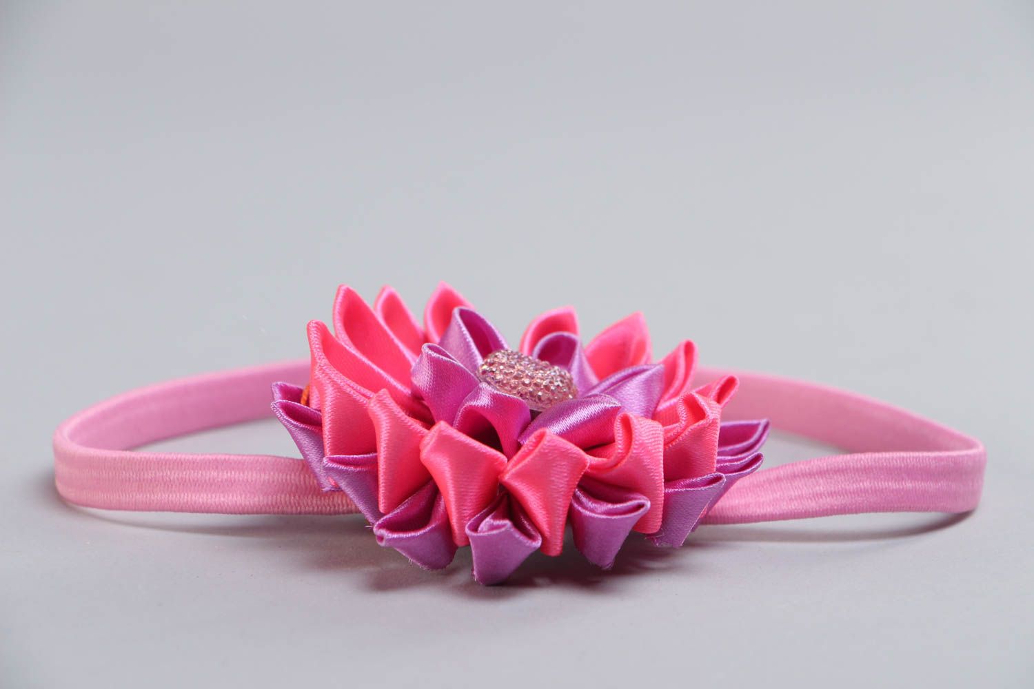 Handmade designer headband with thin basis and pink ribbon kanzashi flower  photo 3