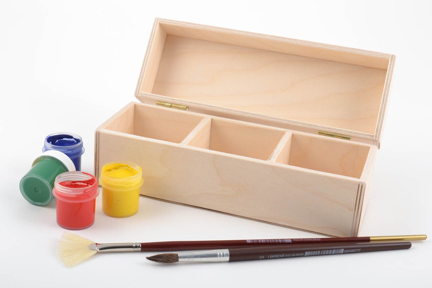 Boîte à 3 compartiments en bois brut clair faite main à décorer et peindre photo 1