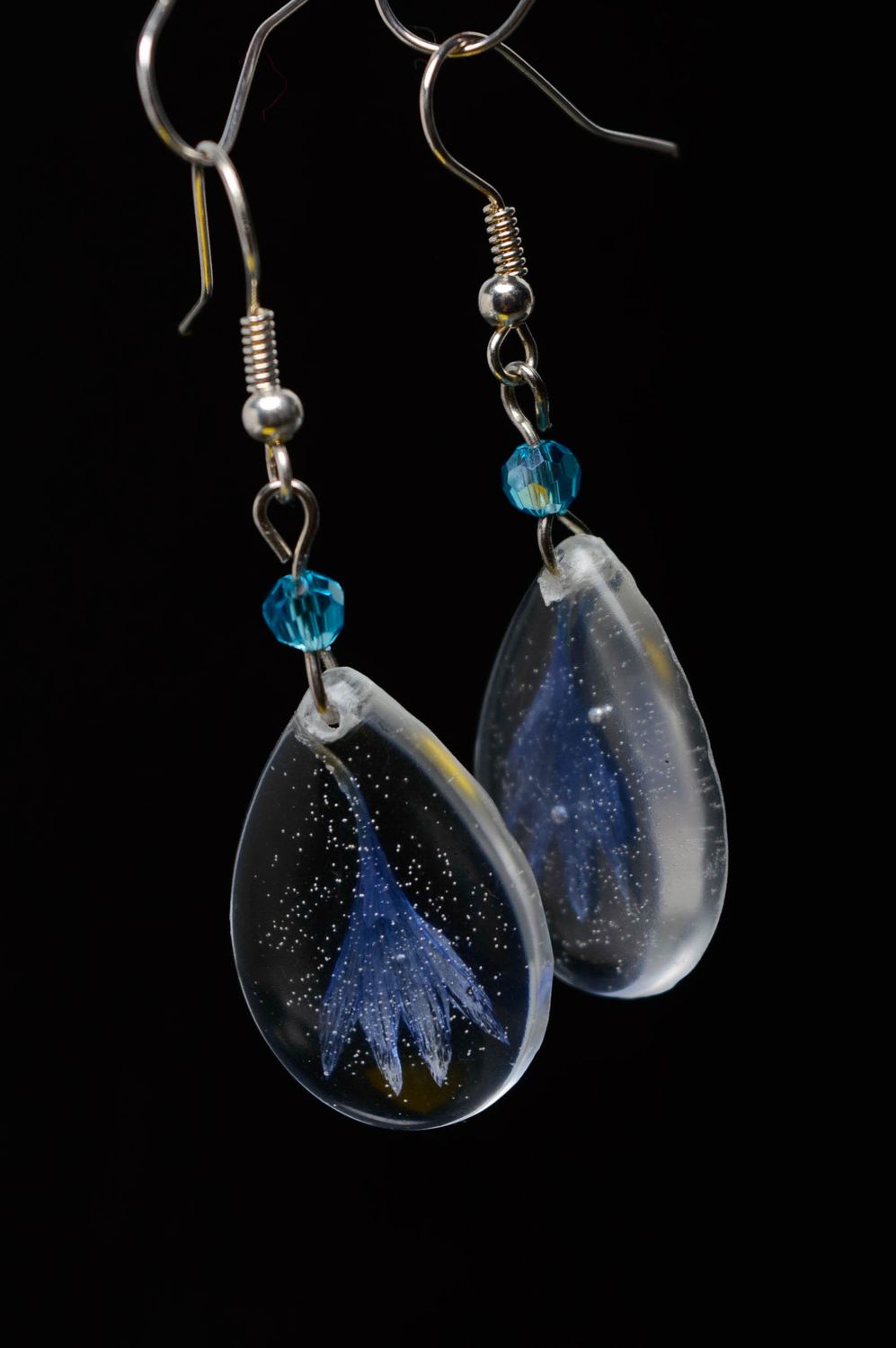 Long earrings with natural cornflowers photo 2