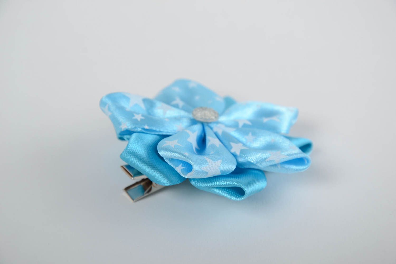 Handmade blue puffy hair clip with a flower of satin ribbons  for kids photo 5