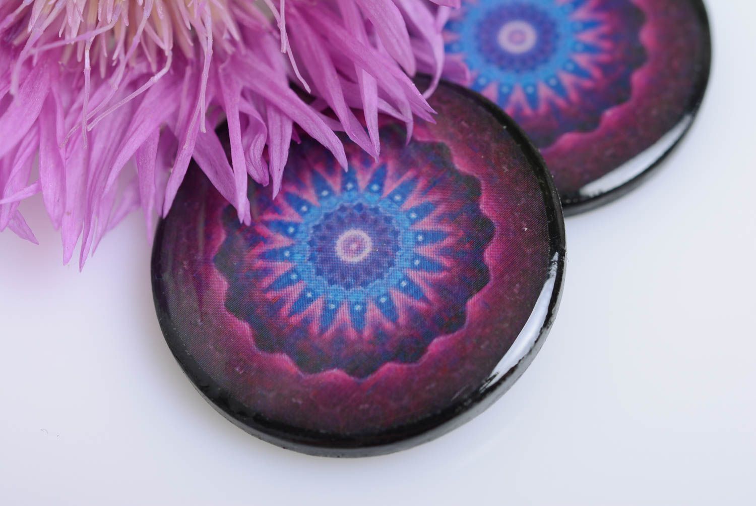 Purple designer earrings made of polymer clay handmade jewelry in ethnic style photo 2