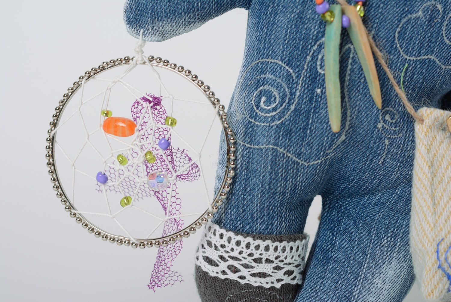 Peluche faite main en tissu de jean décorative chat hippie cadeau original photo 3
