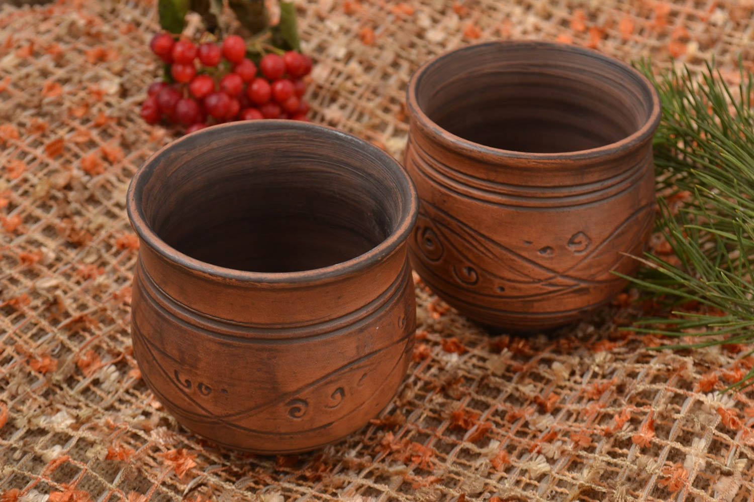 Handmade Becher aus Ton Set 2 Stück Keramik Geschirr Geschenk für Männer Ethno foto 1