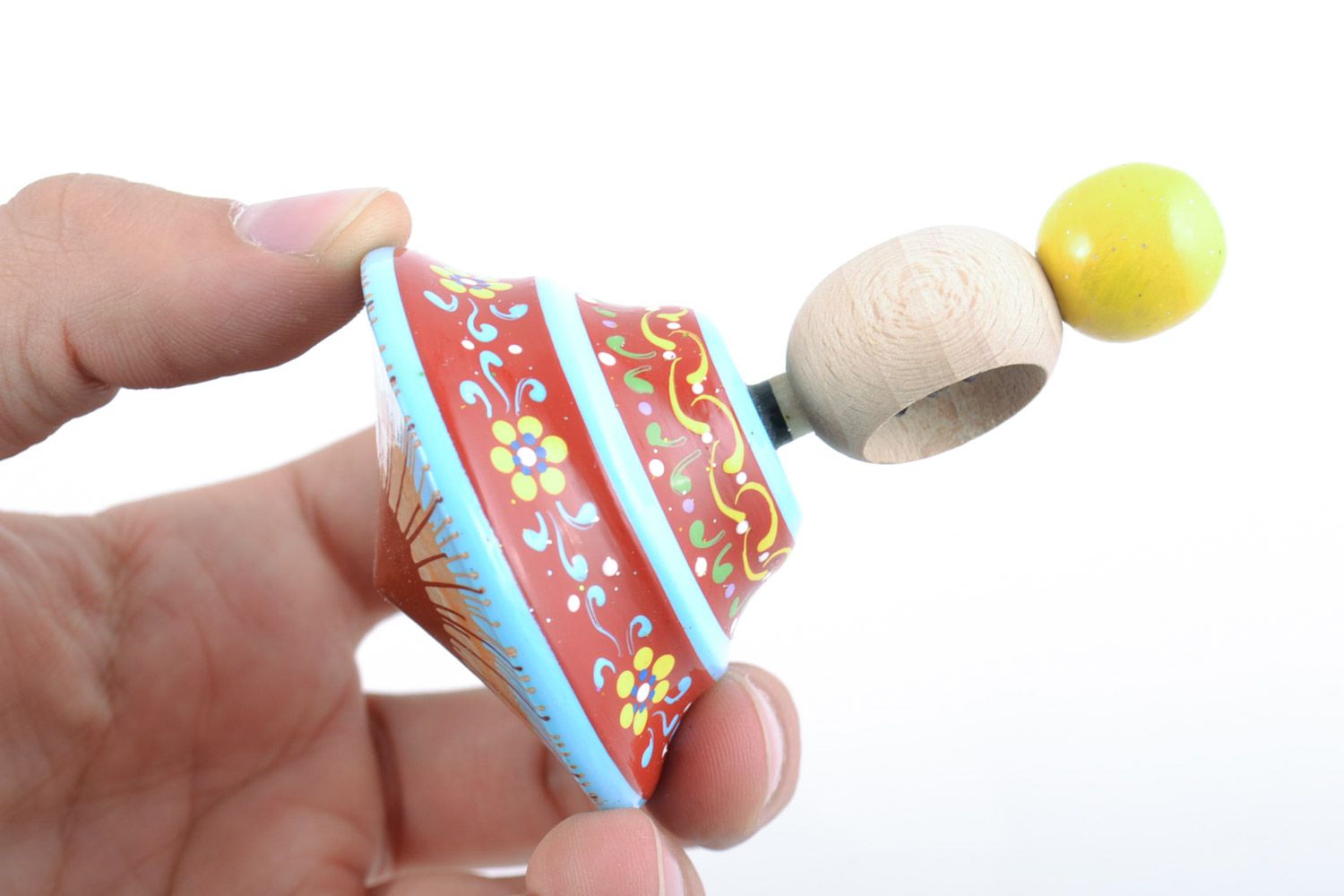 Handmade wooden eco toy spinning top with ring for fine motor skills development photo 2