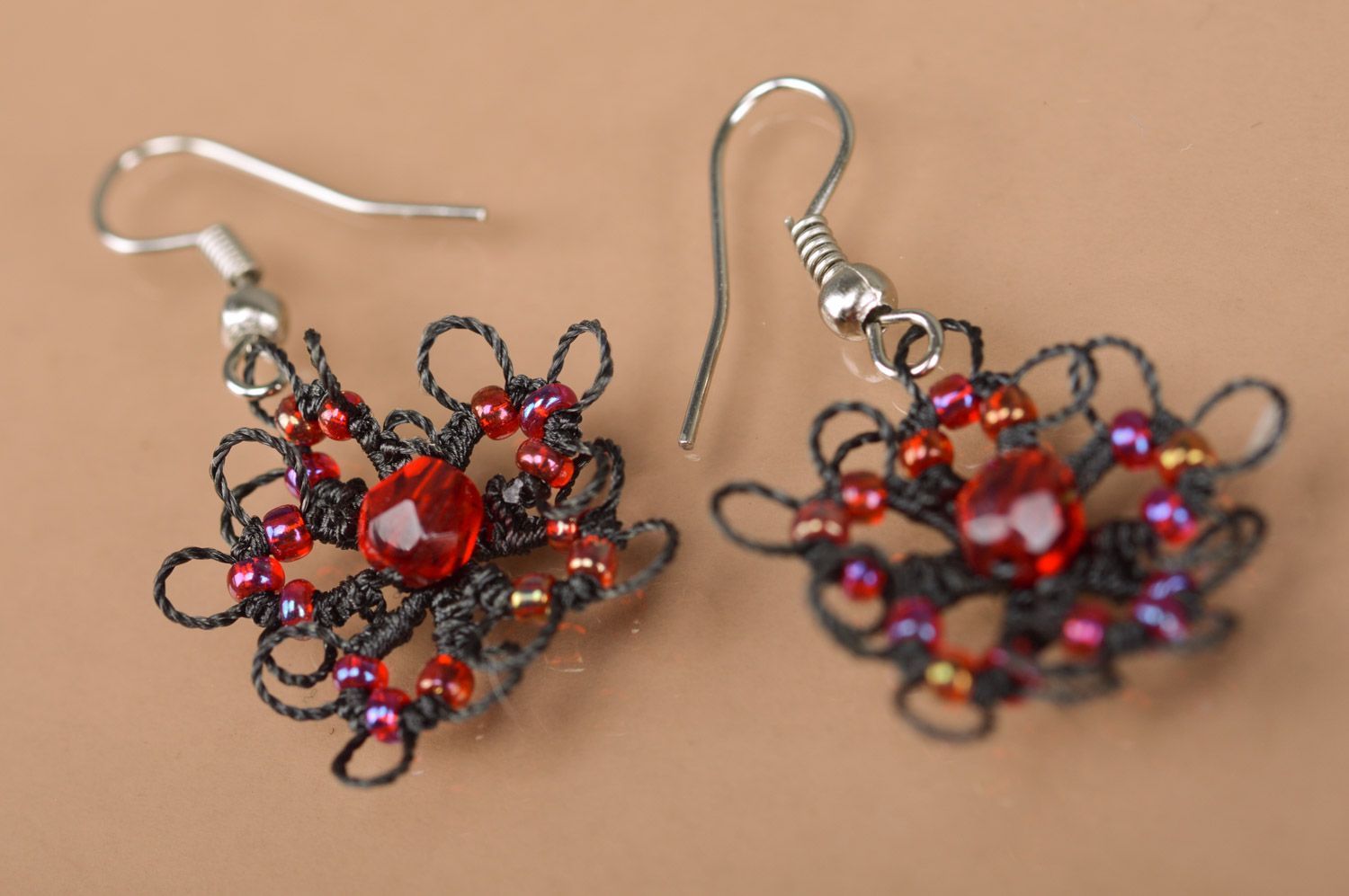 Handmade women's woven tatting earrings with beads photo 3