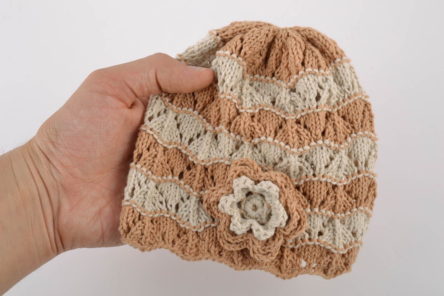 Handmade baby girl hat crocheted of light beige cotton threads size 340 mm photo 2
