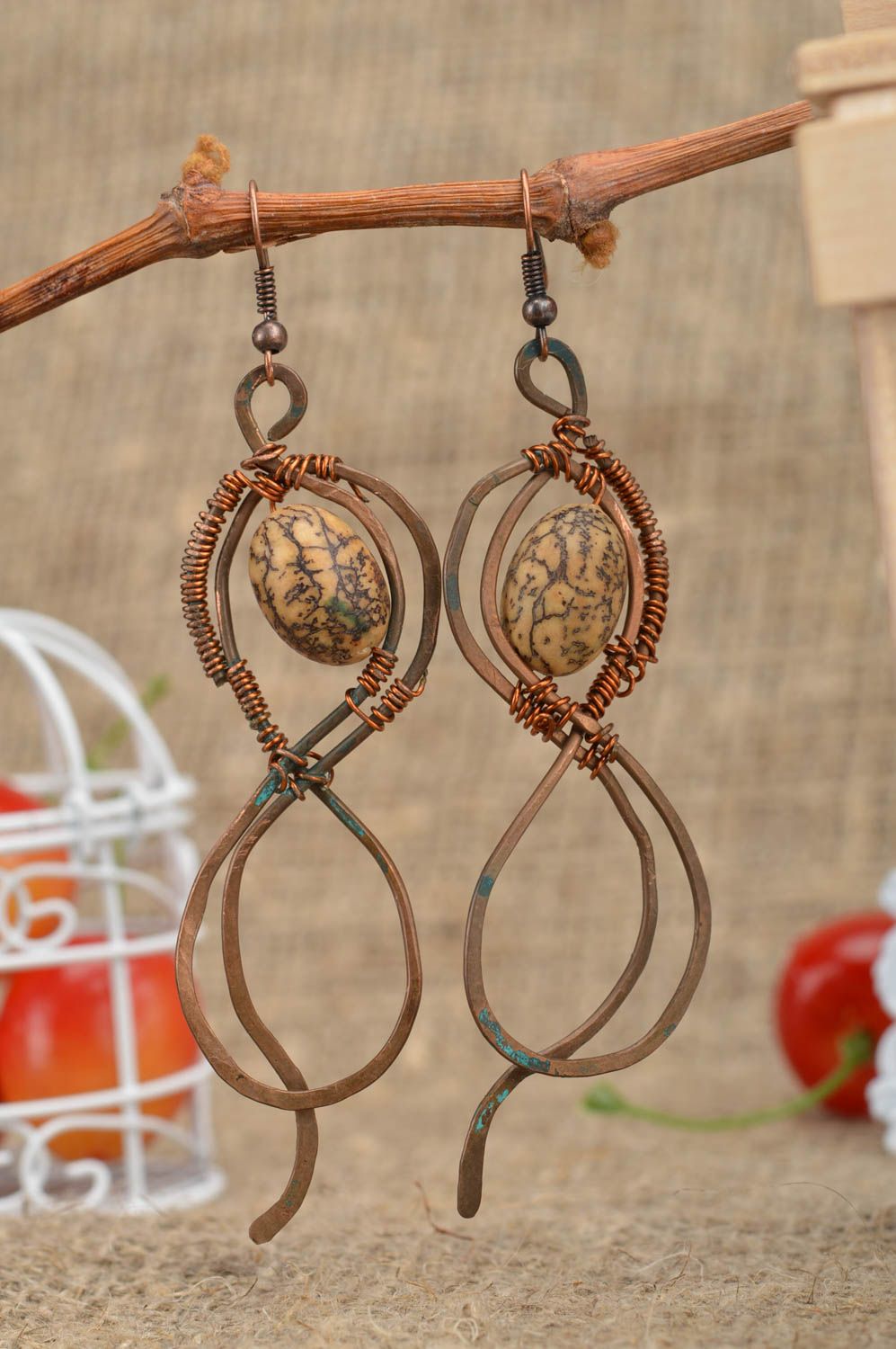 Designer handmade beautiful long earrings made of polymer clay and metal  photo 1