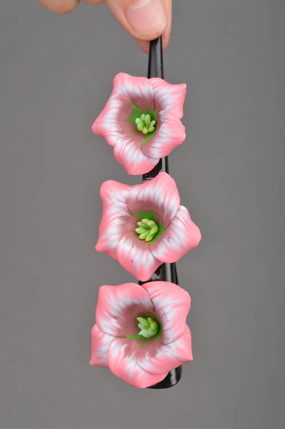 Designer hair clip on metal basis with handmade polymer clay pink flowers photo 2