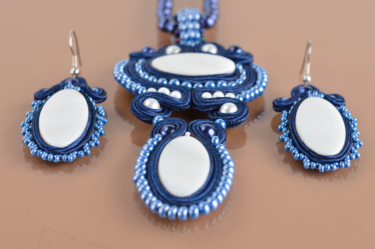 Beautiful handmade designer jewelry set soutache earrings and necklace  photo 2