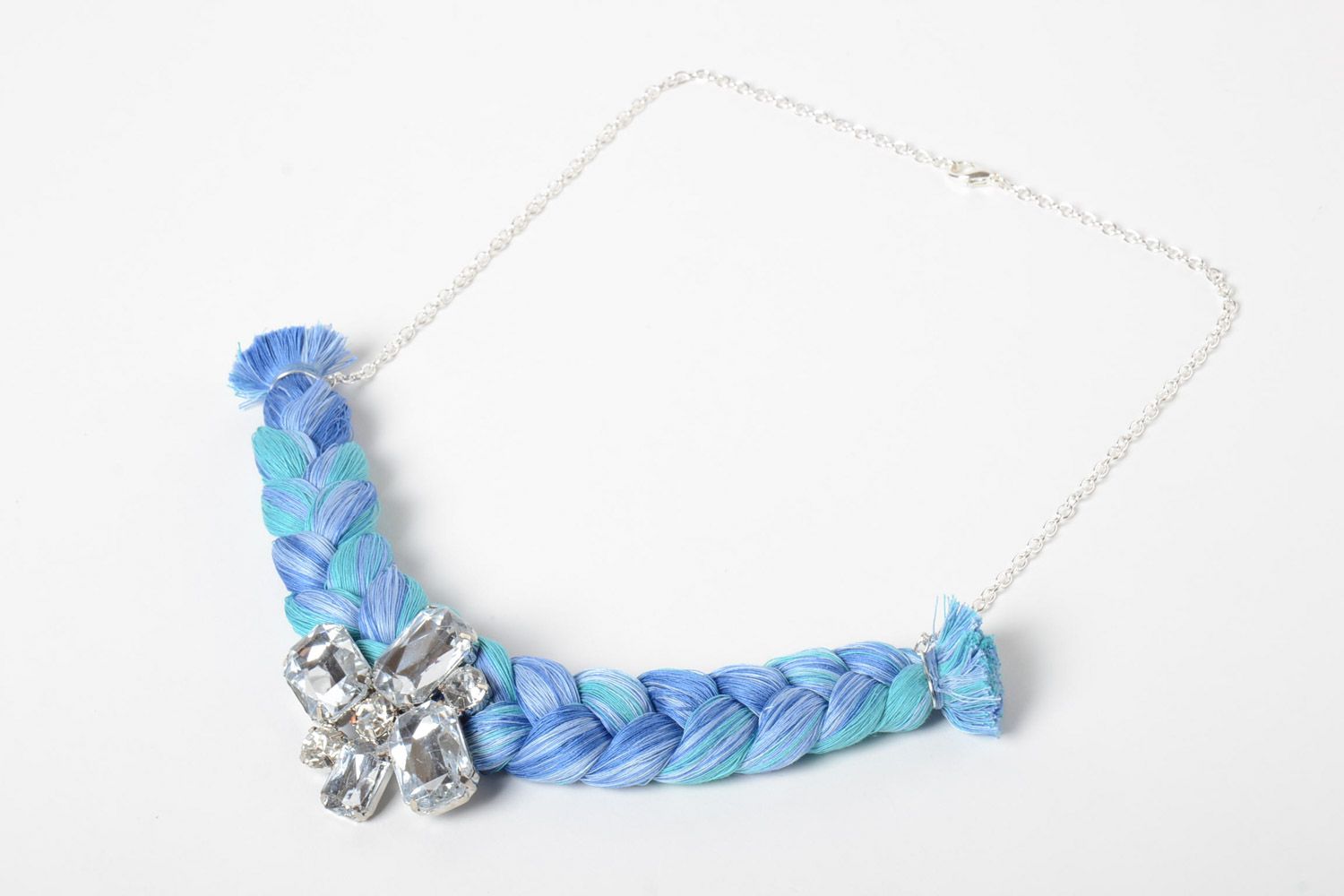 Blue handmade volume woven thread necklace with chain and strasses photo 2