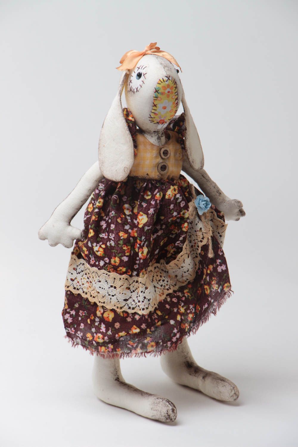 Handmade designer fabric soft toy rabbit girl in vintage style for interior photo 2