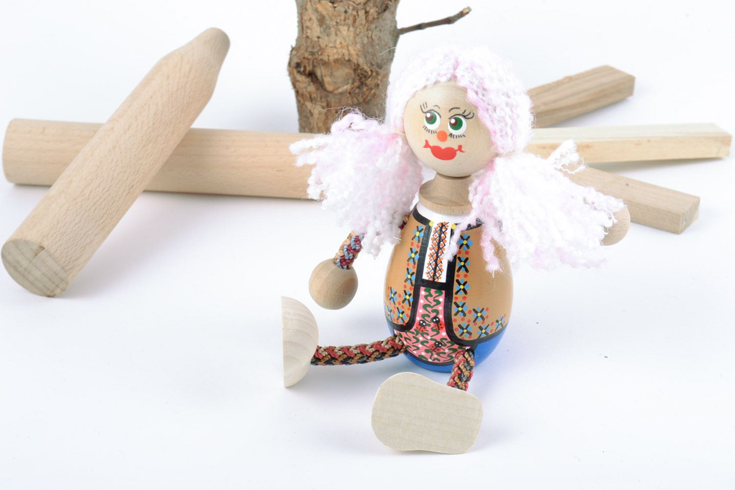 Eco friendly painted homemade wooden toy girl with white curly hair for kids photo 1