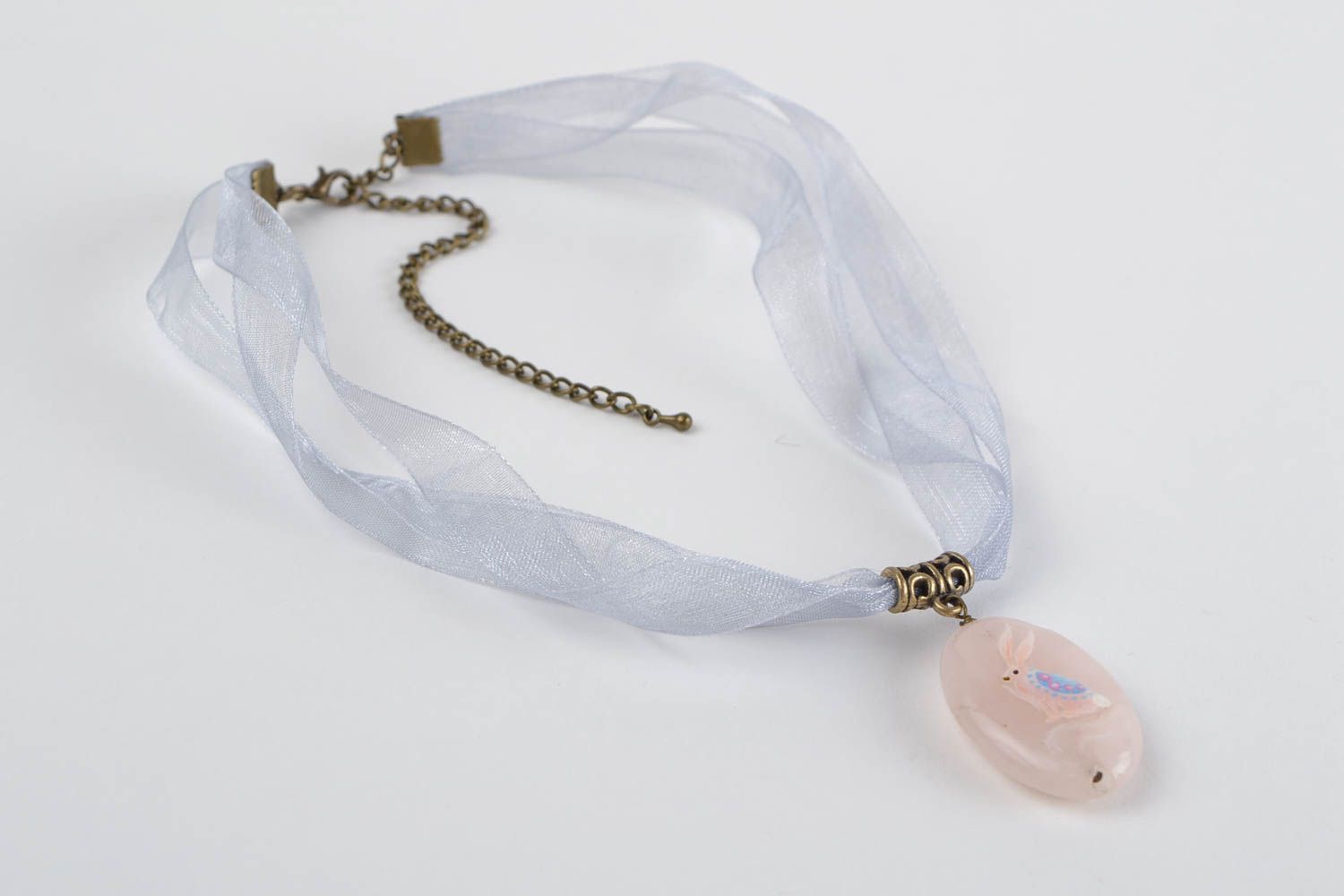 Pendentif ovale Bijoux fait main Accessoire femme en quartz rose lapin photo 9