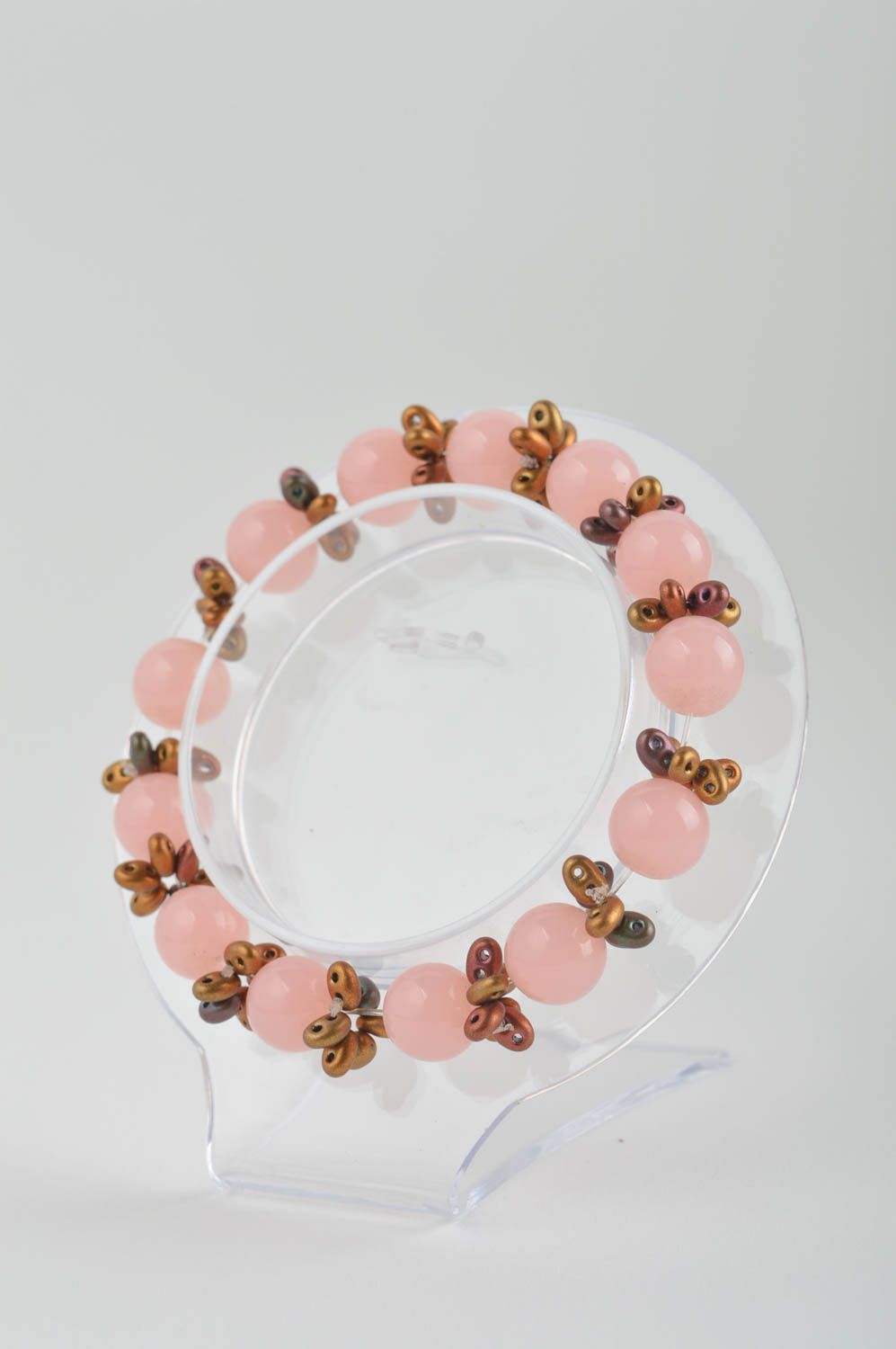 Pink beaded stretch bracelets with flower fittings girls photo 3