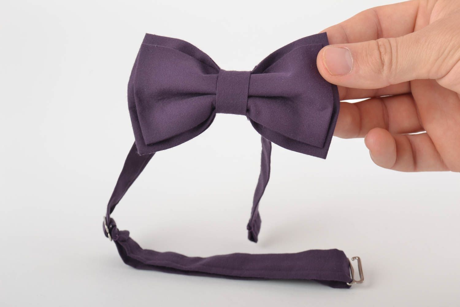 Beautiful handmade designer fabric bow tie of dark violet color photo 5
