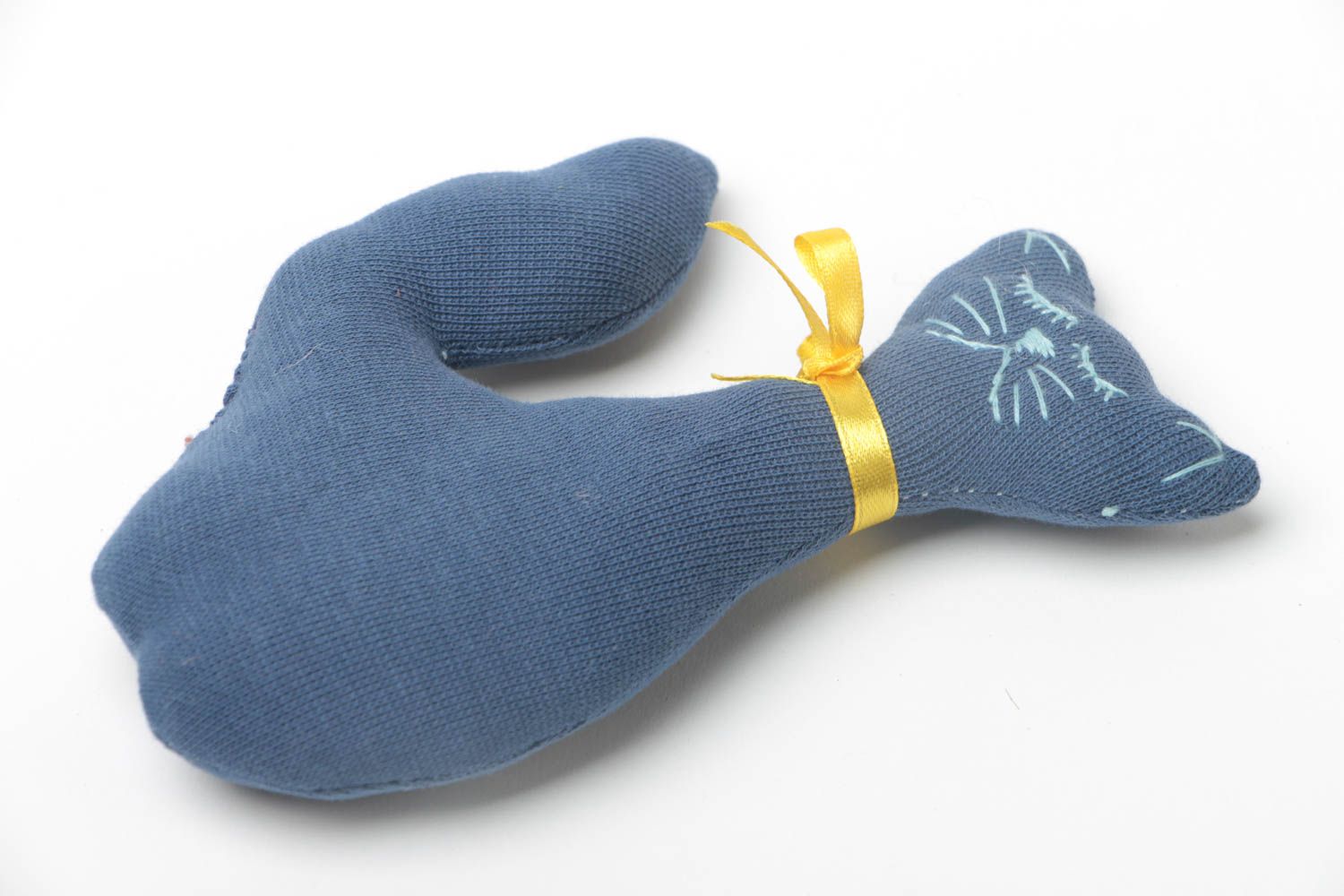 Handmade designer woolen fabric soft toy in the shape of blue sleeping cat  photo 2
